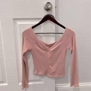 Pink Ribbed Off Shoulder Long Sleeve